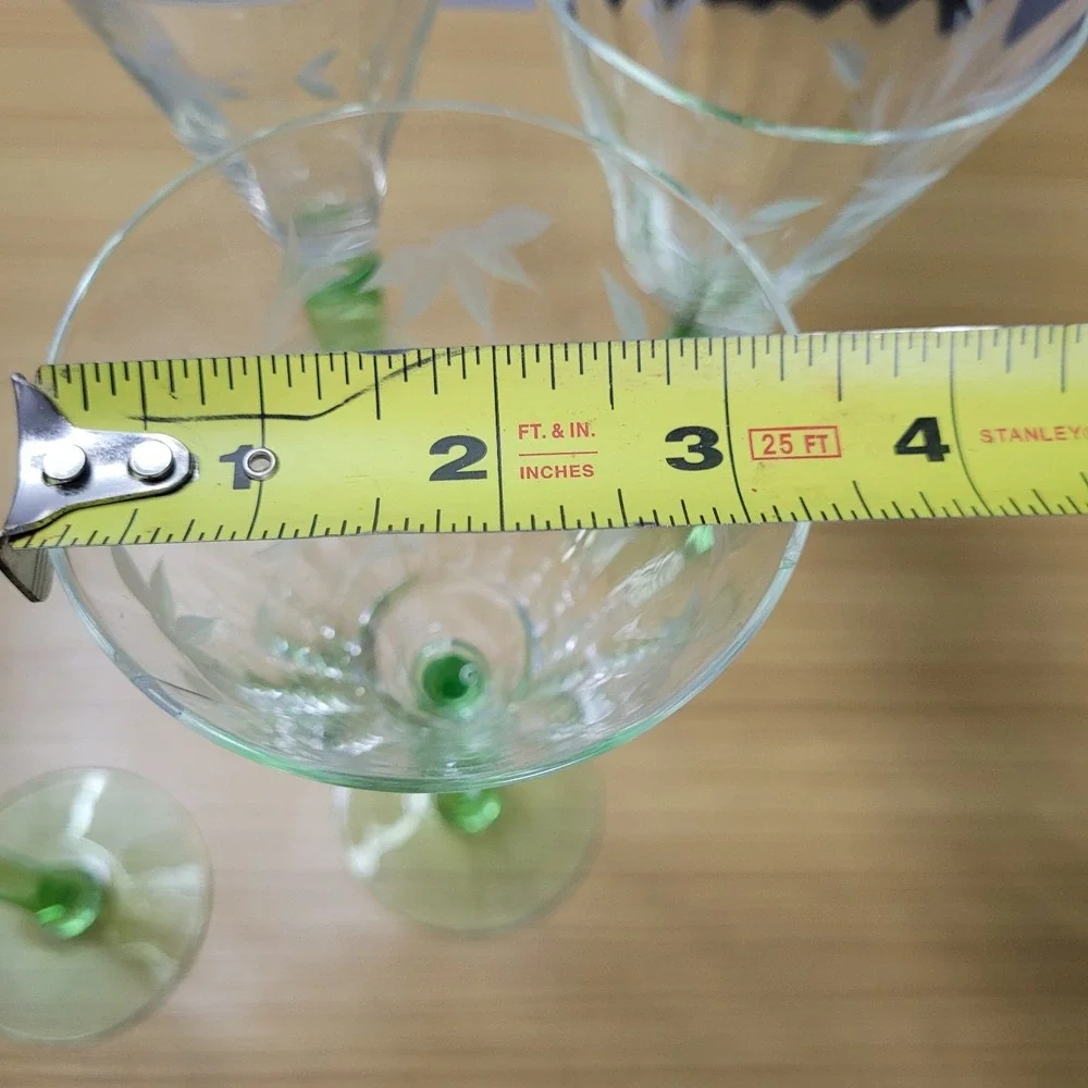 Vintage Uranium Etched Floral Stemware Glass Set of 6 Wine Goblet Optic